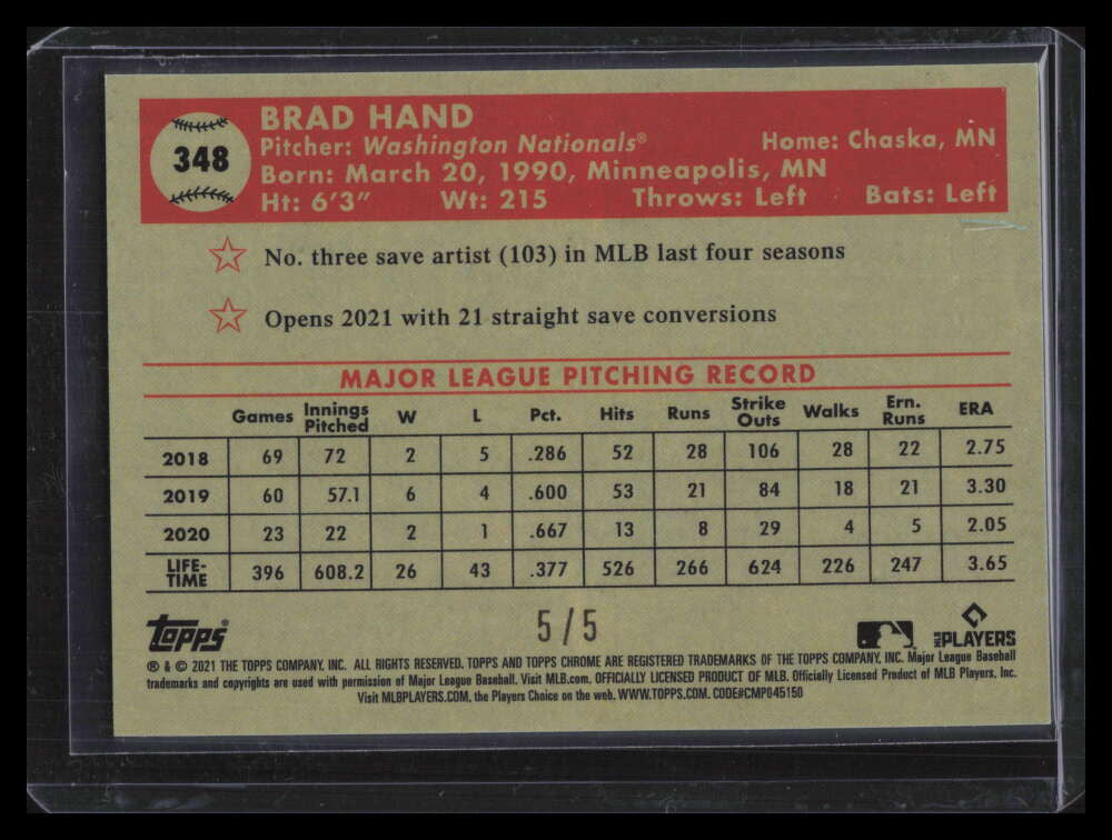 2021 Topps Chrome Platinum Red and Black Diamond 70th Refractor Brad Hand 5/5