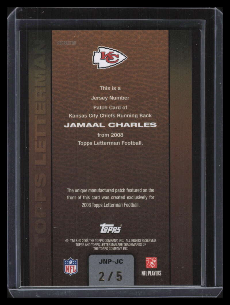SOLD 137368 2008 Topps Letterman Jersey Number Refractor Jamaal Charles Rookie Patch 2/5
