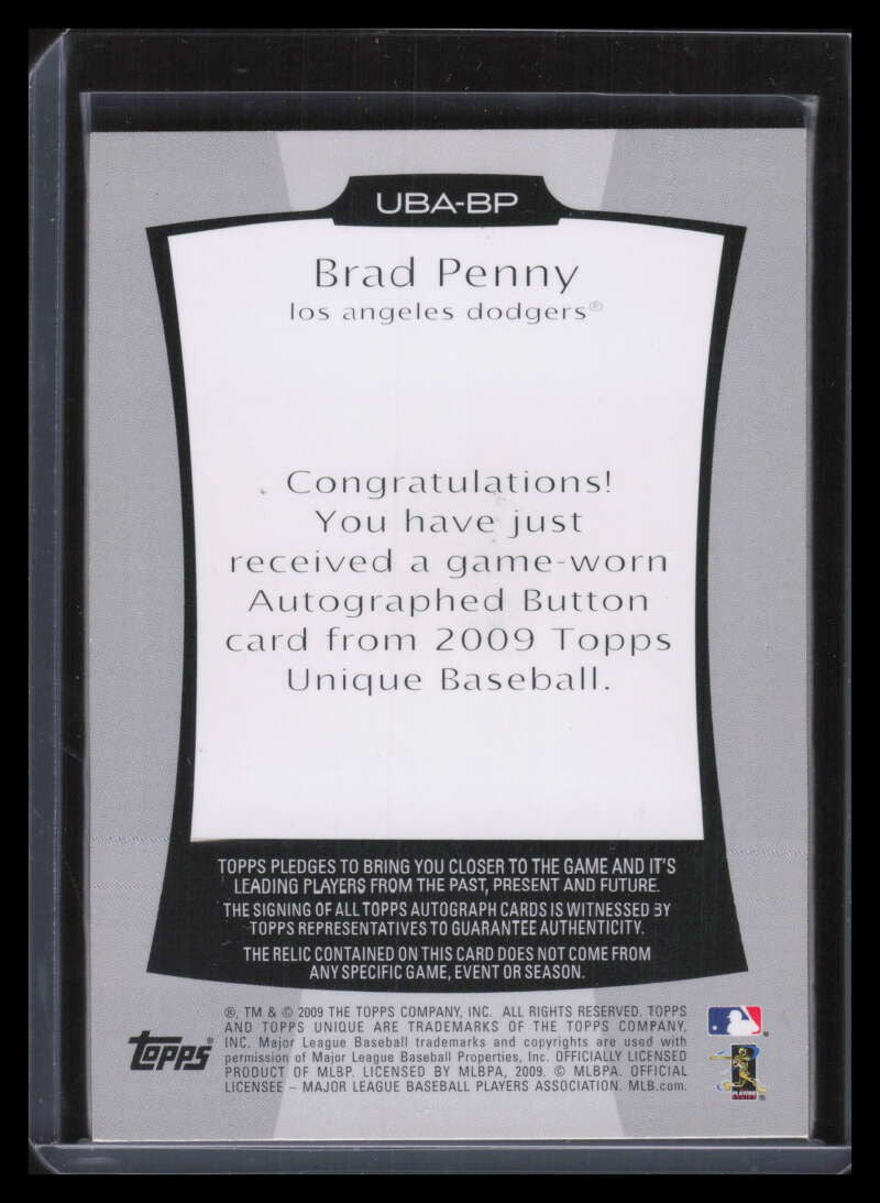 2009 Topps Unique Button Autographs BP Brad Penny Button Patch Auto 2/6