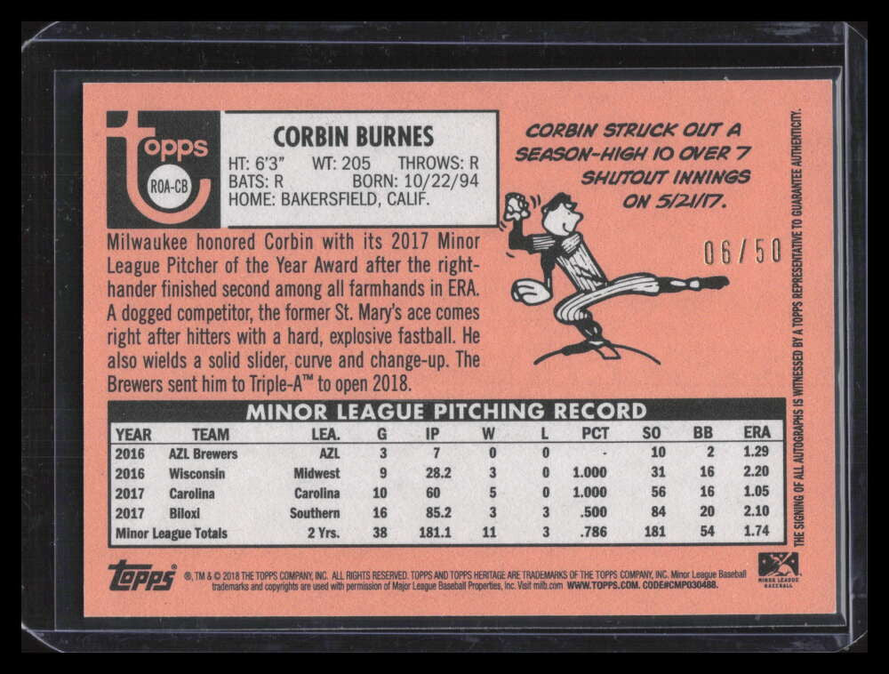DELETE 137442 2018 Topps Heritage Minors Real One Autographs Corbin Burnes Rookie Auto 6/50