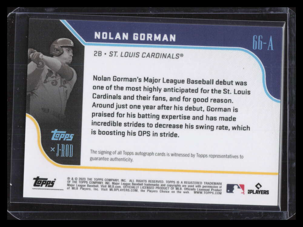 2023 Topps X J-Rod Autographs Purple Foil 66a Nolan Gorman Rookie Auto 18/75