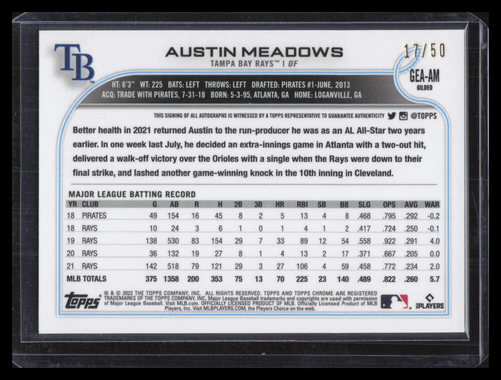 2022 Topps Gilded Chrome Gold Autographs Blue Refractor Austin Meadows Auto /50