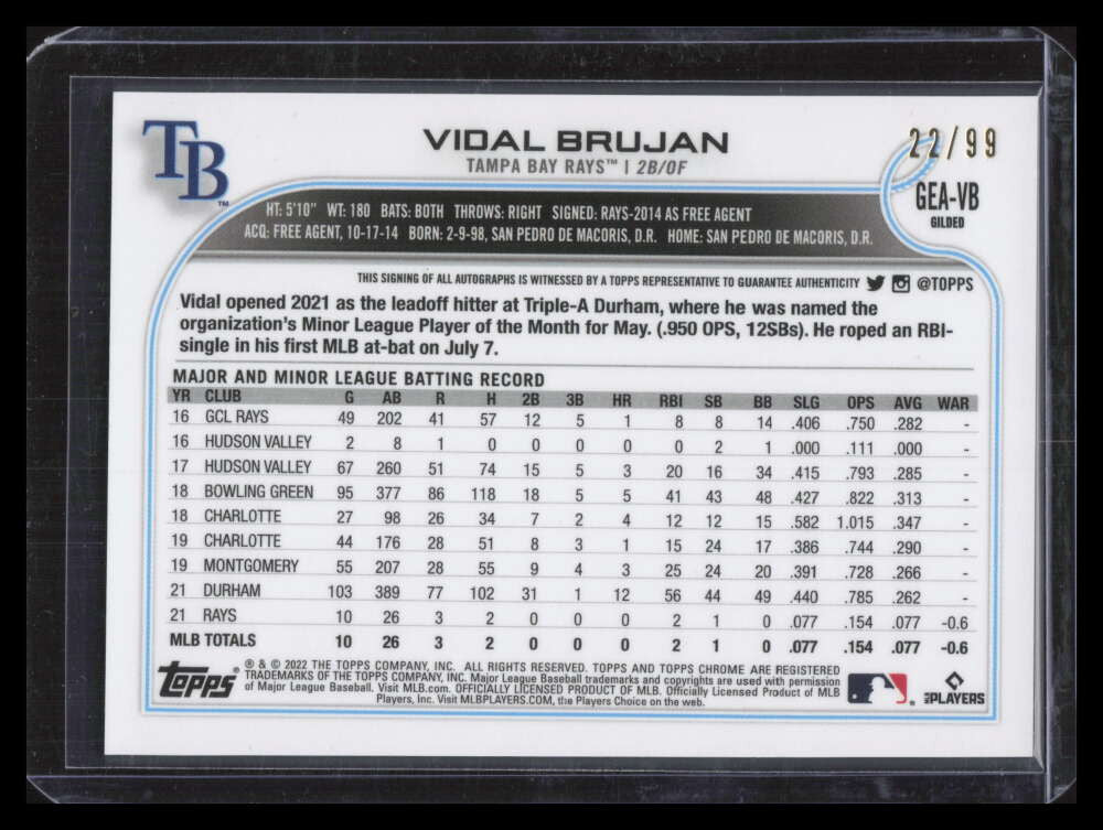 2022 Topps  Gilded Chrome Gold Etch Autographs Vidal Brujan Rookie Auto 22/99
