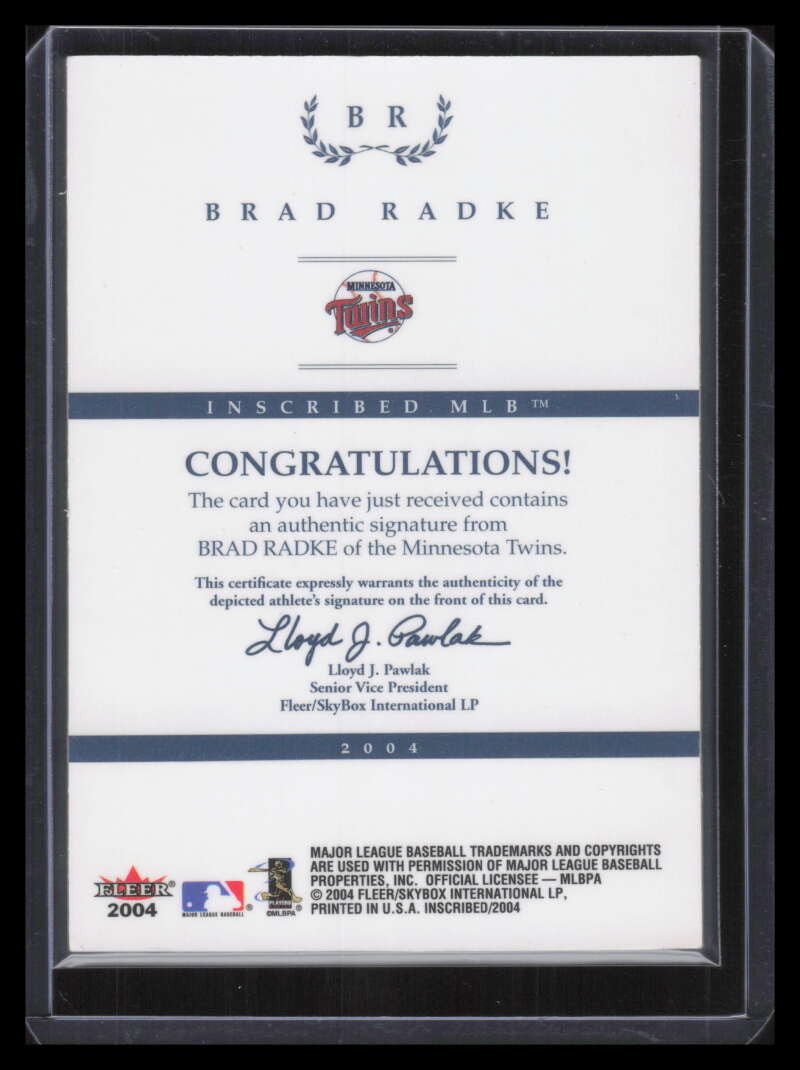 2004 Fleer InScribed Autographs Purple BR Brad Radke Auto 14/22
