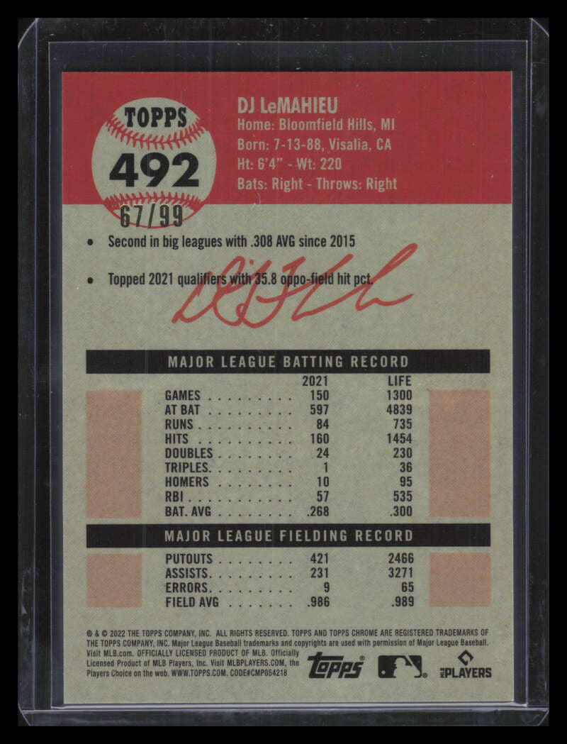 2022 Topps Chrome Platinum Toile White Green Refractor 492 DJ LeMahieu 67/99