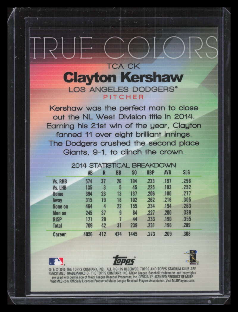 2015 Stadium Club True Colors Refractor TCACK Clayton Kershaw