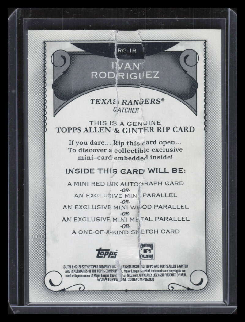 2022 Topps Allen and Ginter Rip Cards Ripped RCIR Ivan Rodriguez 23/99
