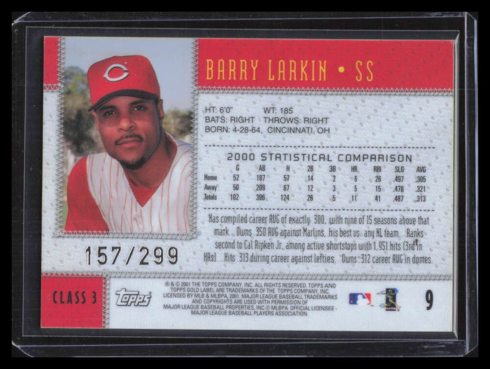 2001 Topps Gold Label Class 3 Gold 9 Barry Larkin 157/299