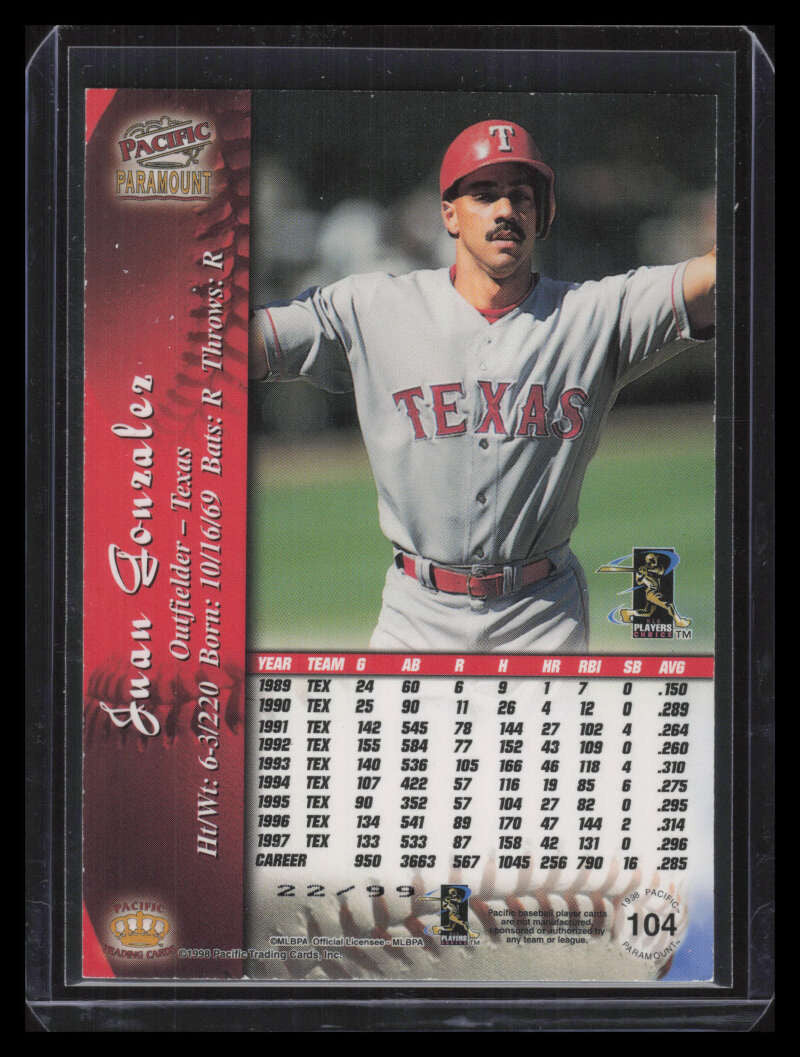 1998 Paramount Holographic Silver 104 Juan Gonzalez 22/99