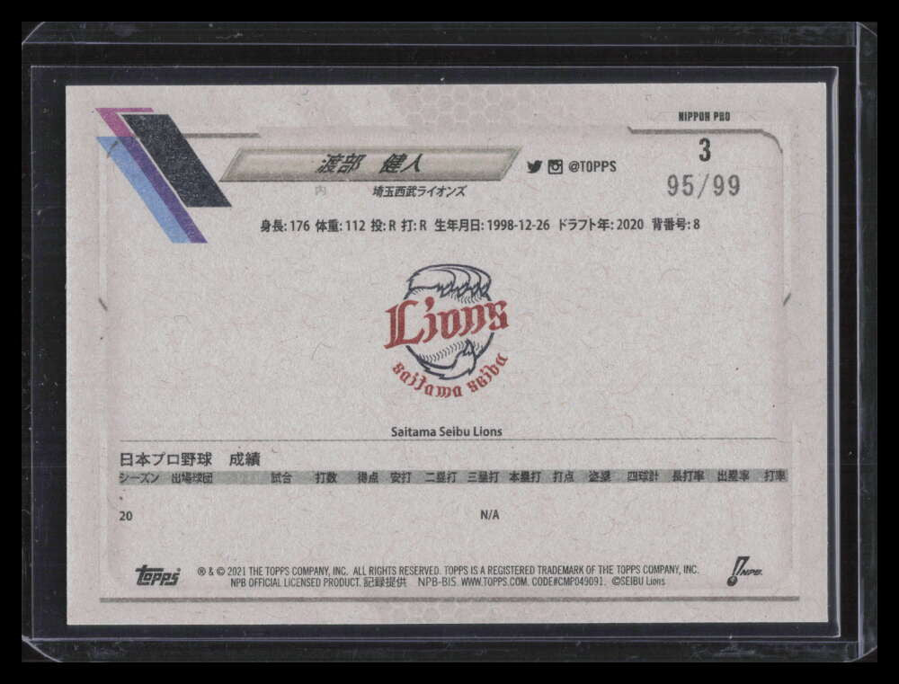 2021 Topps Nippon NPB Vintage Stock 3 Kento Watanabe 95/99