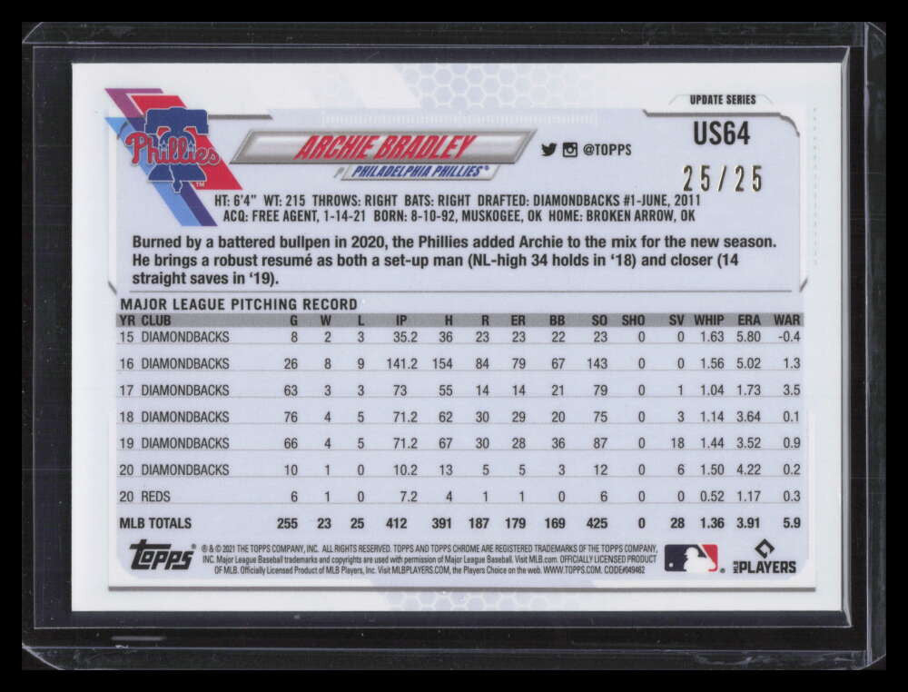 2021 Topps Chrome Update Sapphire Orange Refractor us64 Archie Bradley 25/25