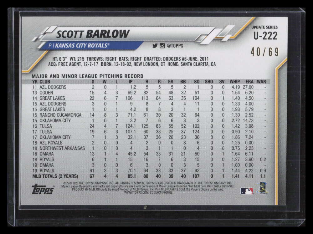 2020 Topps Update Black u222 Scott Barlow 40/69