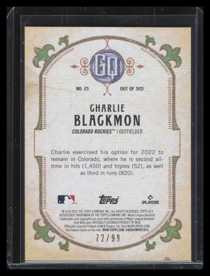 2022 Topps Gypsy Queen Chrome Blue Refractor 23 Charlie Blackmon 72/99