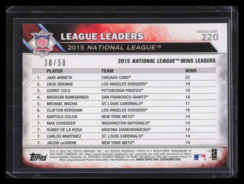 2016 Topps Pink 220 Zack Greinke Gerrit Cole Jake Arrieta LL 30/50