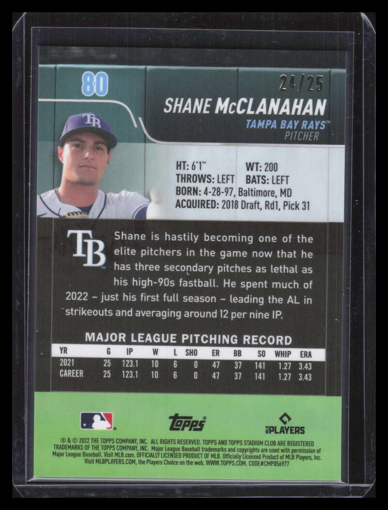 2022 Stadium Club Chrome Orange Refractor 80 Shane McClanahan 24/25