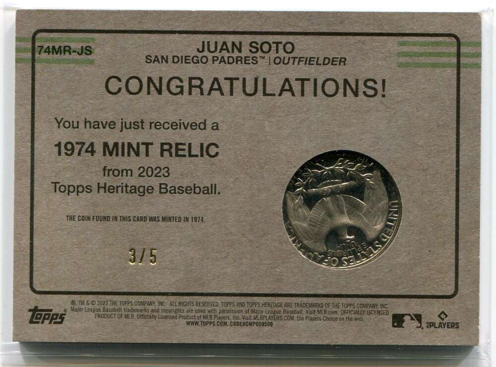 2023 Topps Heritage '74 Mint Quarter 74mrjs Juan Soto 1974 Quarter 3/5