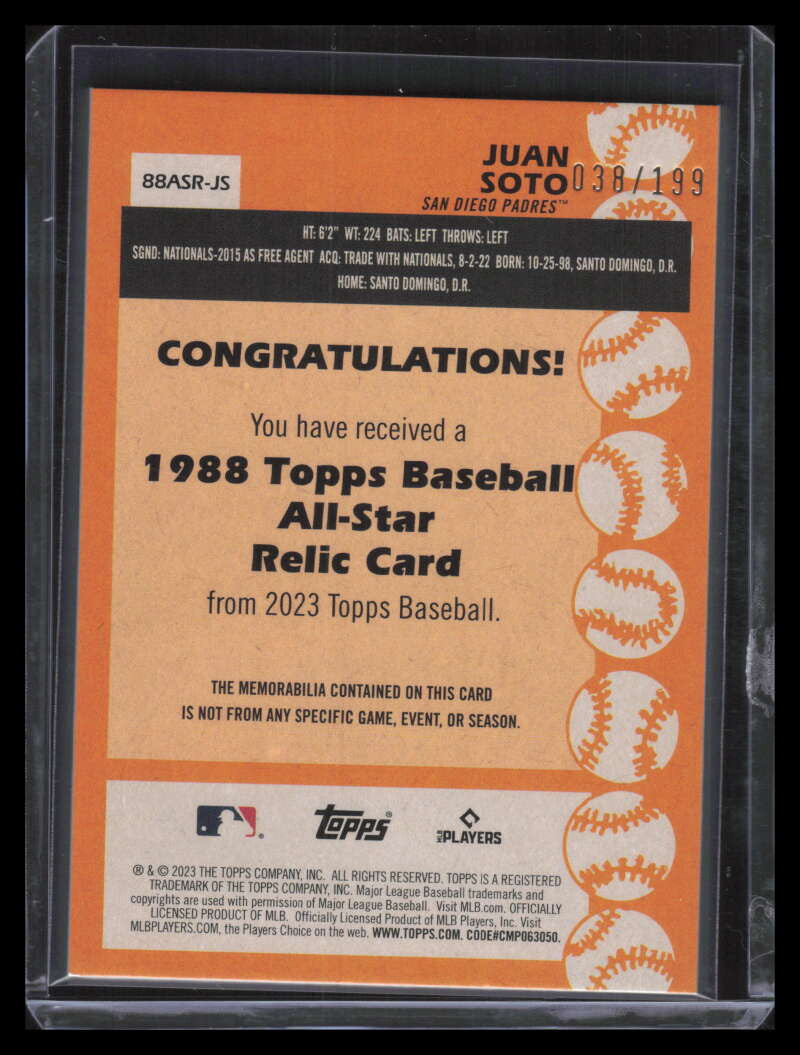 2023 Topps '88 Topps All Star Relics Black 88asrjs Juan Soto Bat 38/199