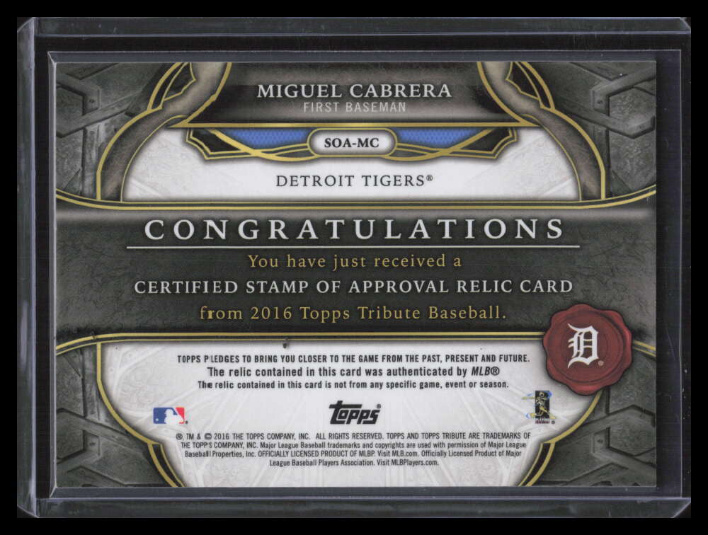 2016 Topps Tribute Stamp of Approval Relics Green Miguel Cabrera Jersey 20/99