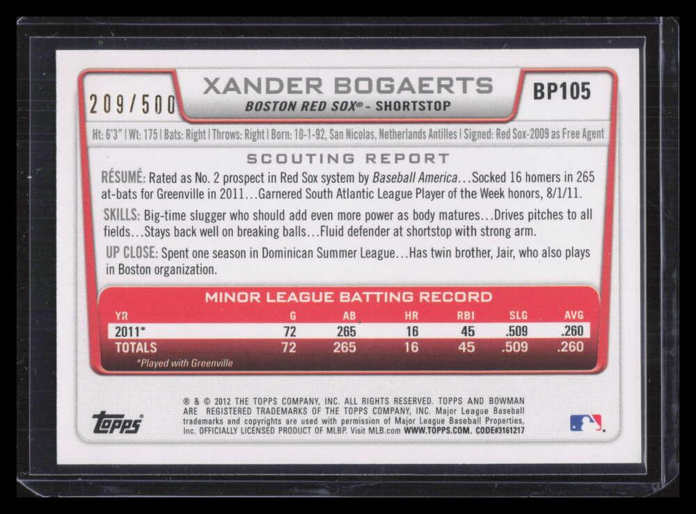 2012 Bowman Prospects Blue bp105 Xander Bogaerts Rookie 209/500