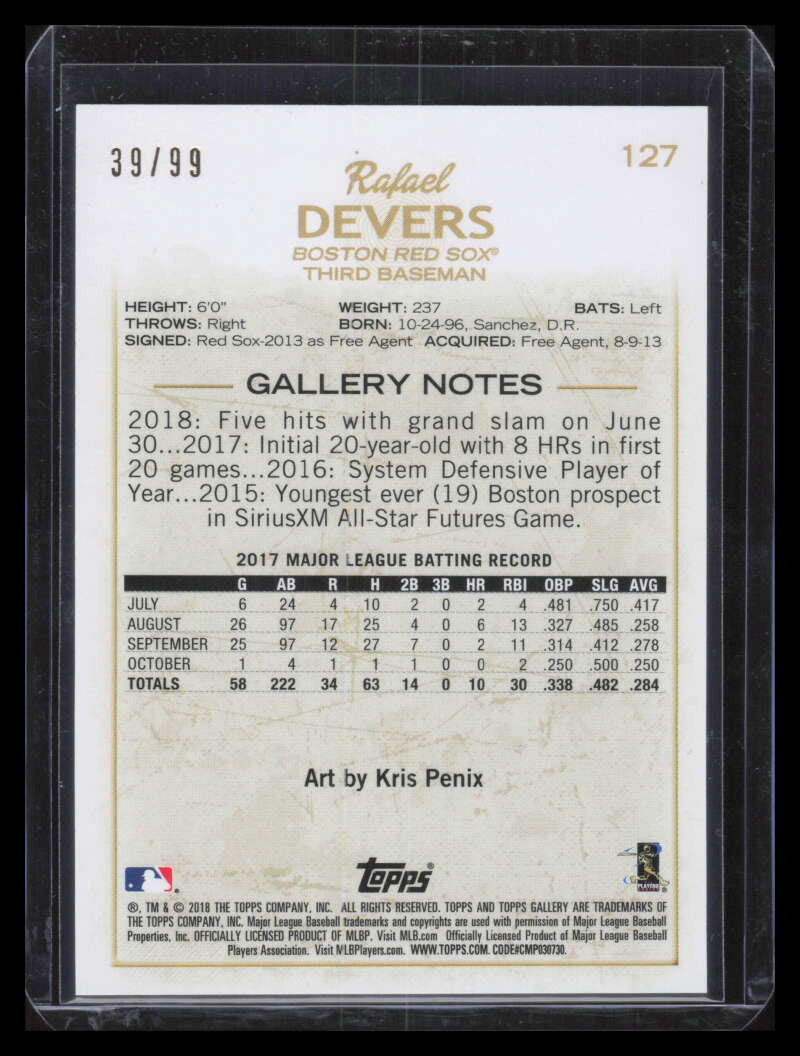 2018 Topps Gallery Green 127 Rafael Devers Rookie 39/99