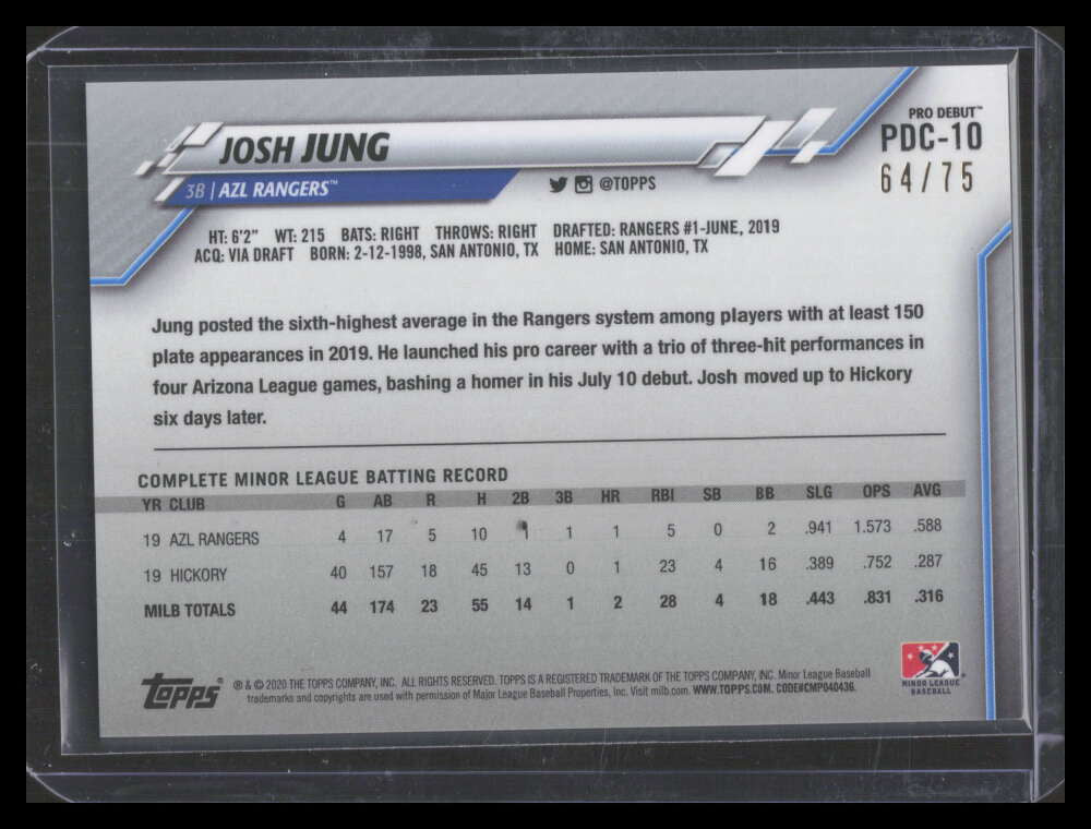 2020 Topps Pro Debut Chrome Gold Refractor pdc10 Josh Jung Rookie 64/75