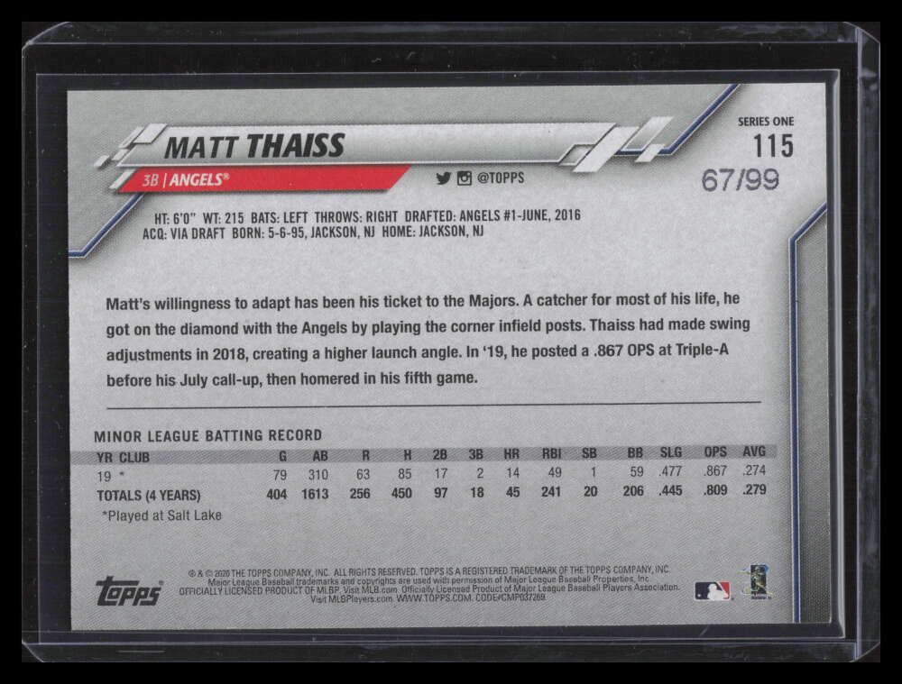 2020 Topps Vintage Stock 115 Matt Thaiss Rookie 67/99
