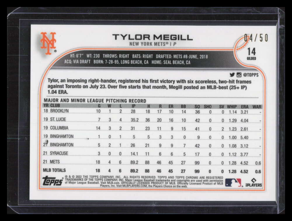 2022 Topps Gilded Chrome Gold Etch Mini-Diamond Refractor Tylor Megill RC 4/50