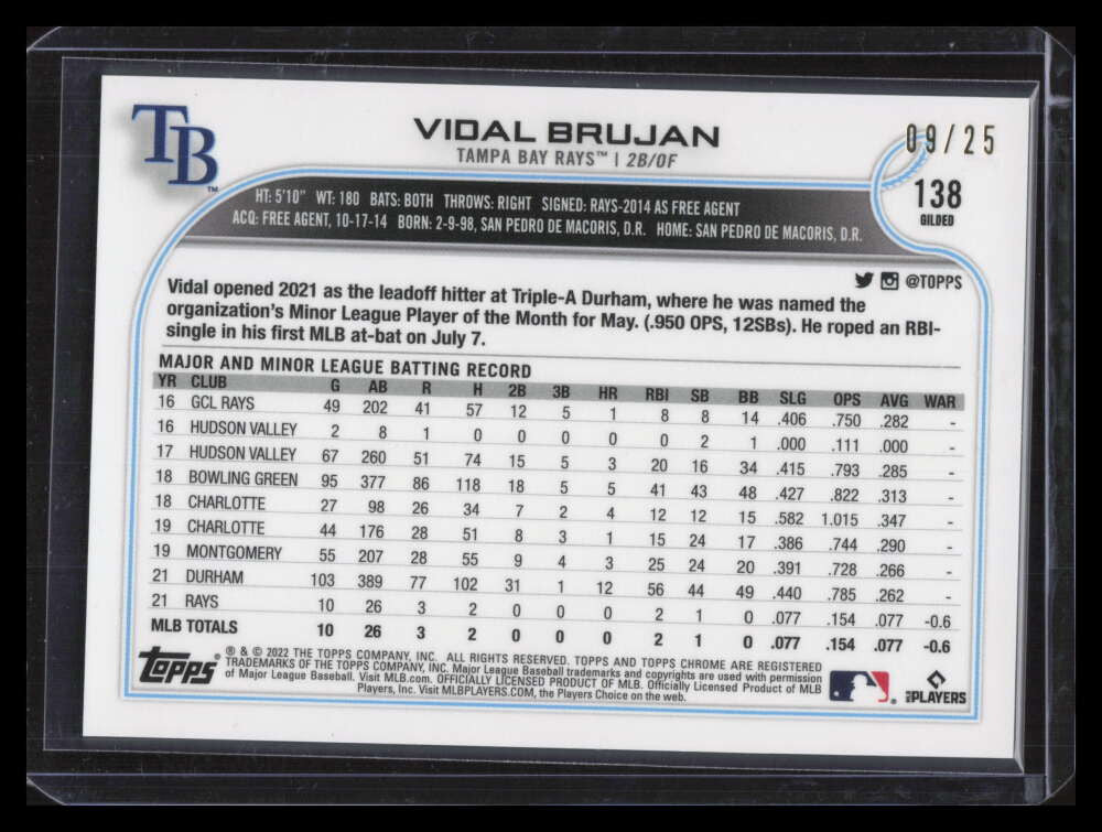 2022 Topps Gilded Chrome Gold Etch RayWave Refractor Vidal Brujan Rookie 9/25