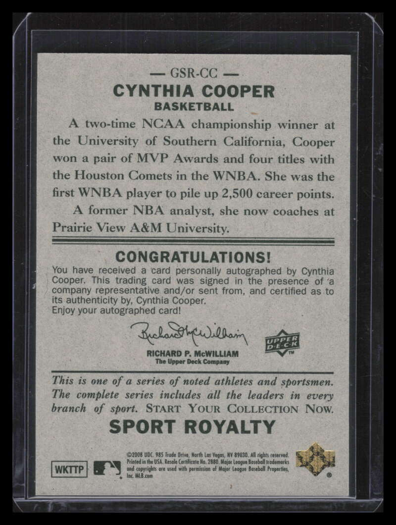 2008 Upper Deck Goudey Sport Royalty Autographs CC Cynthia Cooper Auto