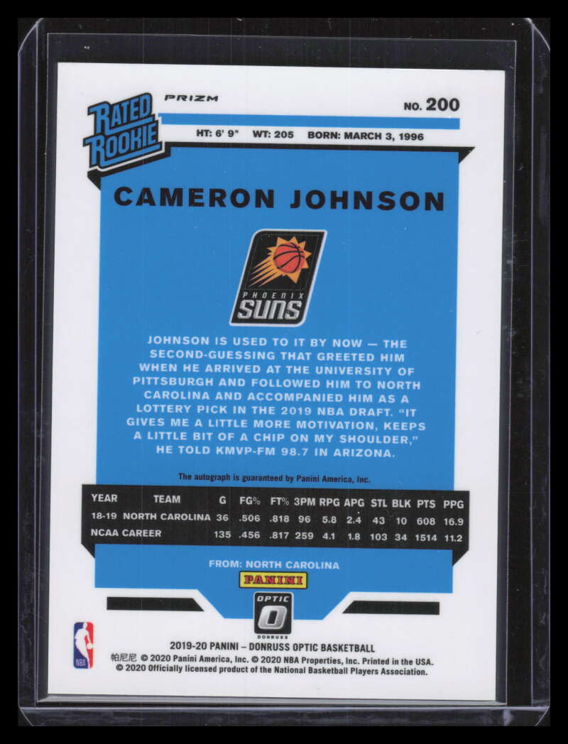 DELETE 138023 2019-20 Donruss Optic Rated Signatures Holo 200 Cameron Johnson Rookie Auto