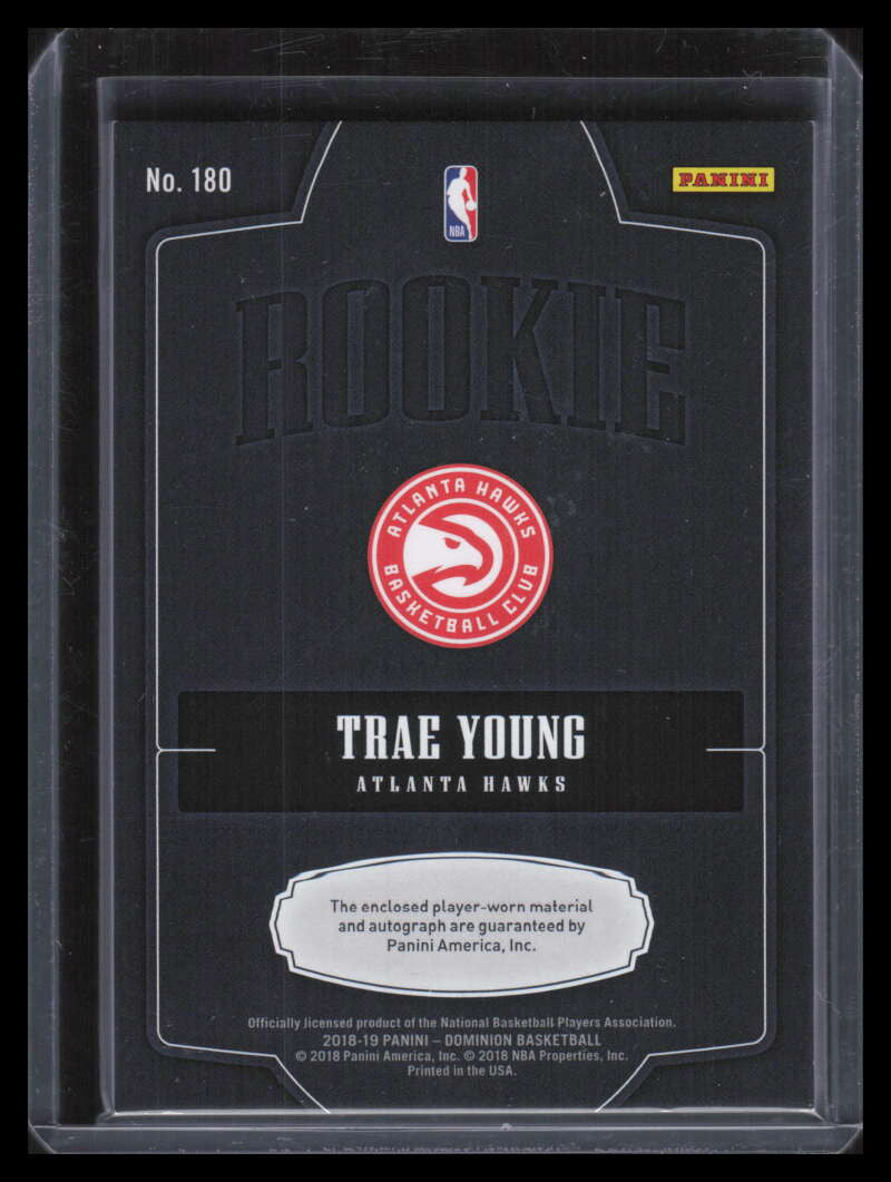2018-19 Panini Dominion 180 Trae Young Rookie Jersey Auto 198/199