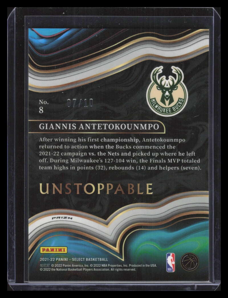 2021-22 Select Unstoppable Prizms Gold Refractor 8 Giannis Antetokounmpo 7/10