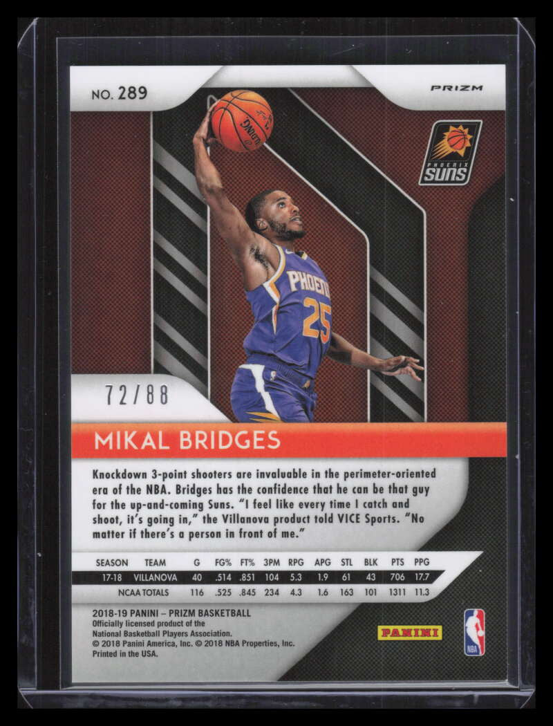 2018-19 Panini Prizm Prizms Choice Red Refractor 289 Mikal Bridges Rookie 72/88