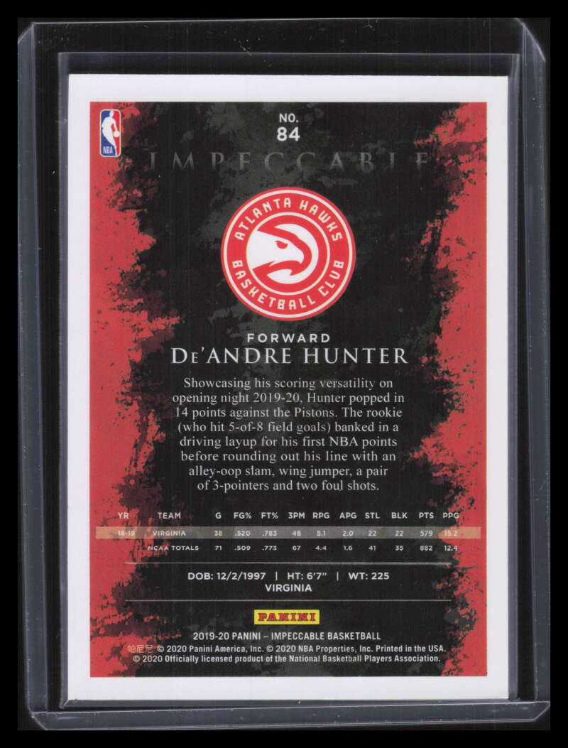 2019-20 Panini Impeccable Holo Silver 84 De'Andre Hunter Rookie 15/25