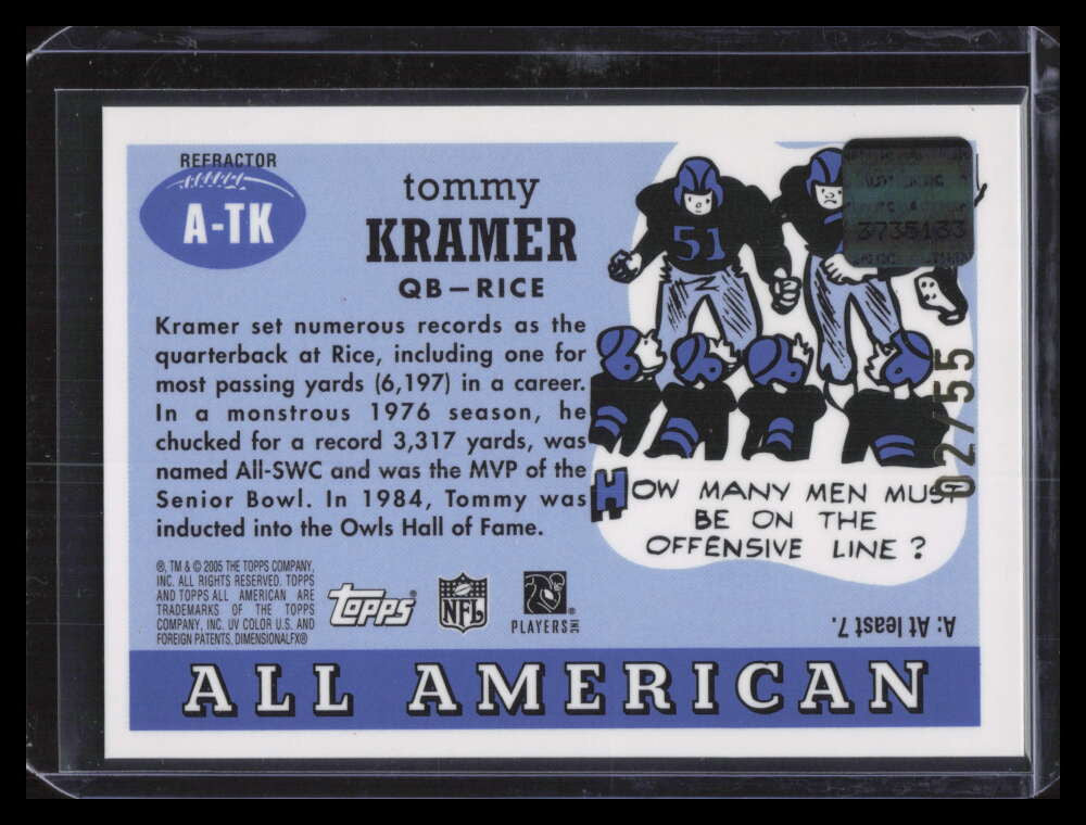 2005 Topps All American Autographs Chrome Refractor ATK Tommy Kramer Auto 2/55