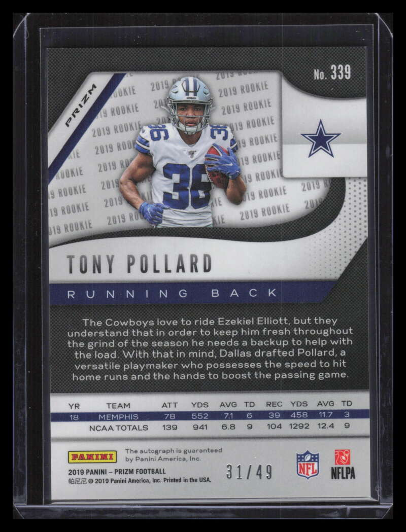 2019 Panini Prizm Autographs Purple Power 339 Tony Pollard Rookie Auto 31/49