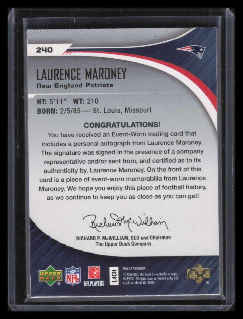 2006 SP Authentic 240 Laurence Maroney Rookie Patch Auto 34/999