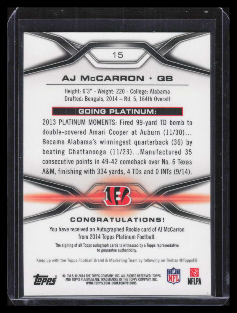 2014 Topps Platinum Autographs Gold Refractor A. J. McCarron Rookie Auto 11/15