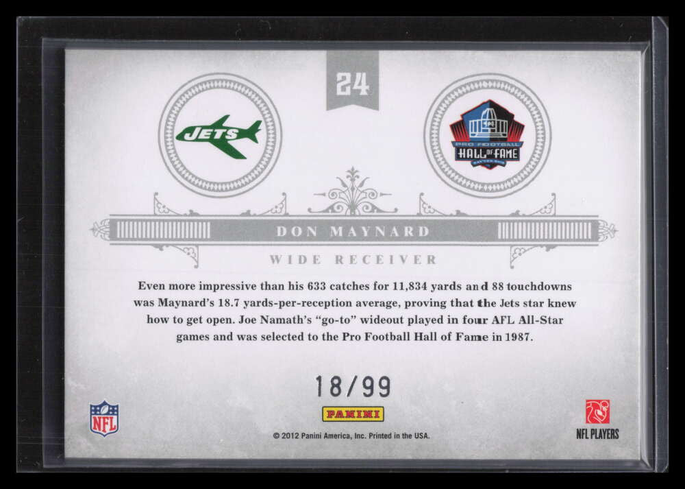 2011 Playoff National Treasures Emblems of the Hall 24 Don Maynard 18/99