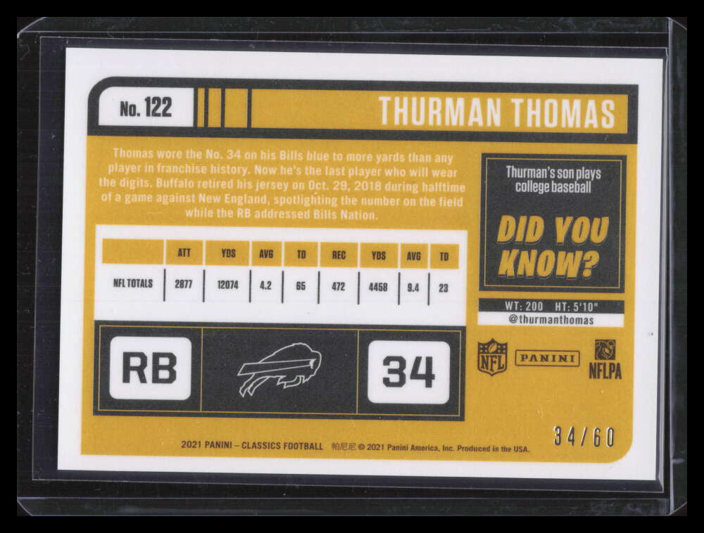 2021 Classics Premium Edition Timeless Tributes Gold 122 Thurman Thomas 34/60