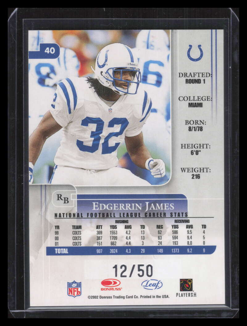 2002 Leaf Rookies and Stars Longevity 40 Edgerrin James 12/50