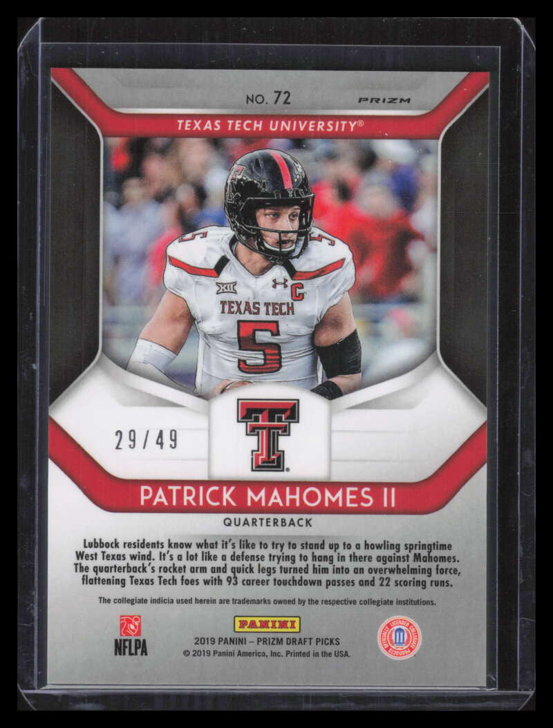 2019 Panini Prizm Draft Picks Prizms Mojo Refractor 72 Patrick Mahomes II 29/49