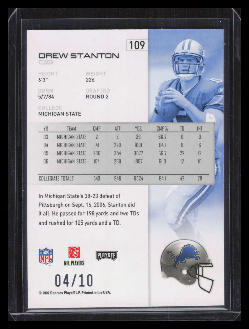 2007 Playoff NFL Playoffs Black Holofoil 109 Drew Stanton Rookie 4/10