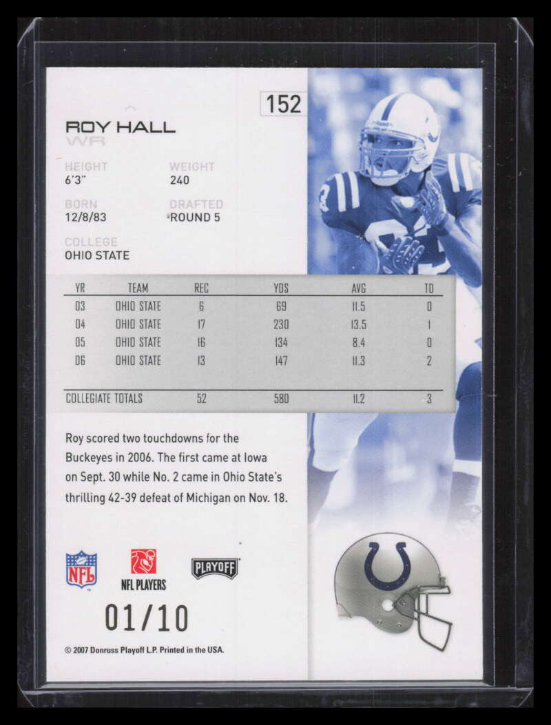2007 Playoff NFL Playoffs Gold Proof 152 Roy Hall Rookie 1/10