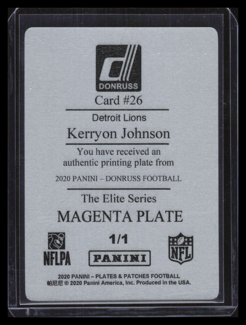 2020 Donruss The Elite Series Printing Plate Magenta 26 Kerryon Johnson 1/1