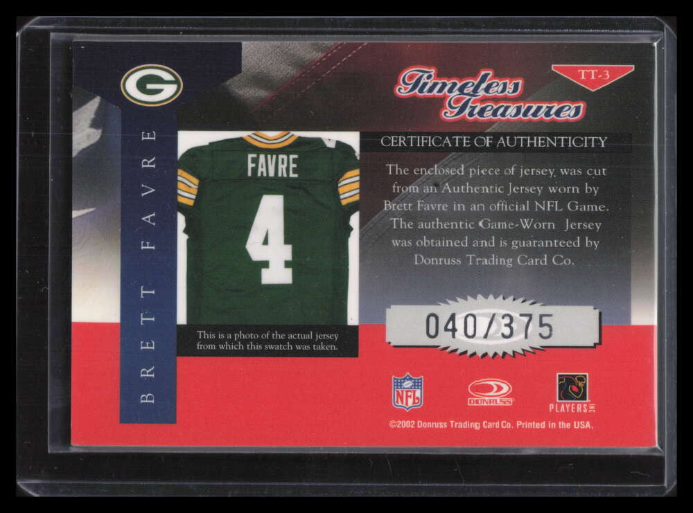 2002 Donruss Classics Timeless Treasures tt3 Brett Favre Jersey 40/375