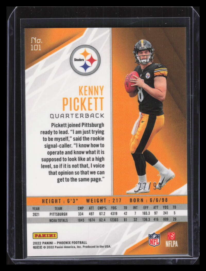 2022 Panini Phoenix Purple Lazer 101 Kenny Pickett Rookie 27/99