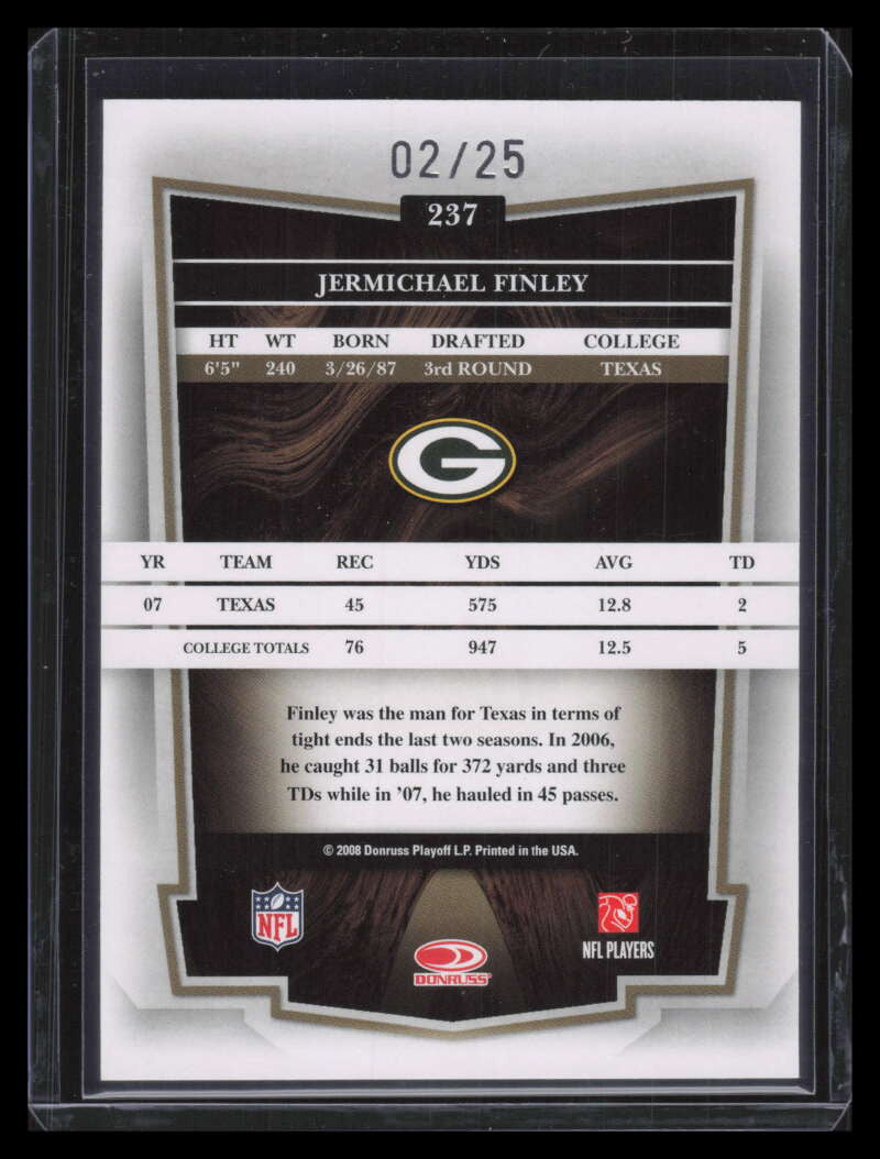 2008 Donruss Classics Timeless Tributes Platinum Jermichael Finley Rookie 2/25