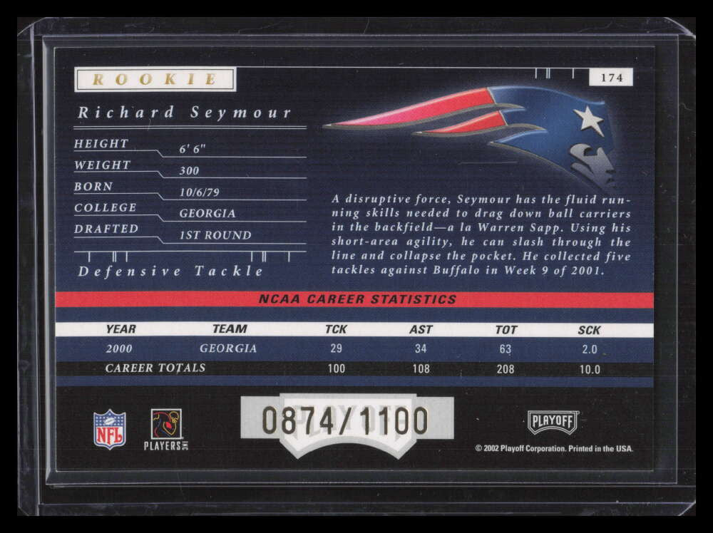 2001 Playoff Honors 175 Richard Seymour Rookie 874/1100