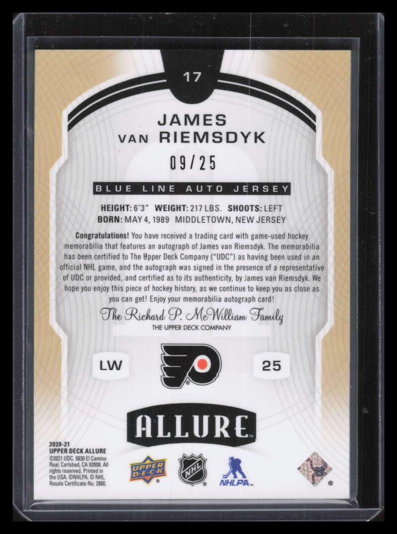 2020-21 Upper Deck Allure Autograph Blue Line James van Riemsdyk Jersey Auto /25